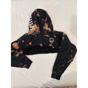 Spitfire Wheels Cropped Bleach Dye Hoodie Black Bighead Logo Pullover Womens